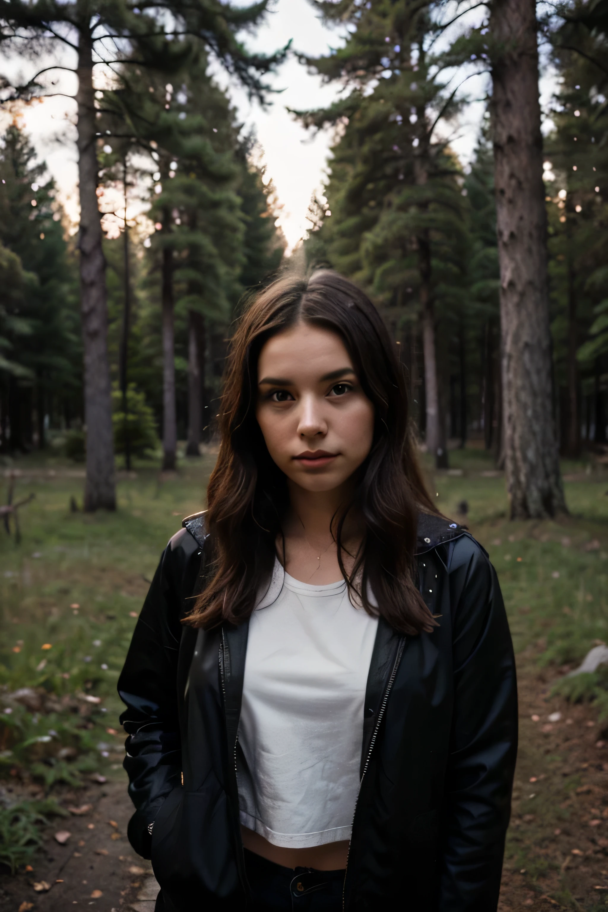 Backward facing girl in a black jacket in the middle of a pine forest at night