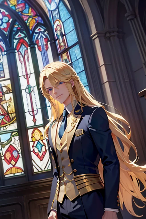 A muscular blonde haired male wizard with blue eyes with a dark beard and long hair in a student's suit is smiling in front of a stained glass window