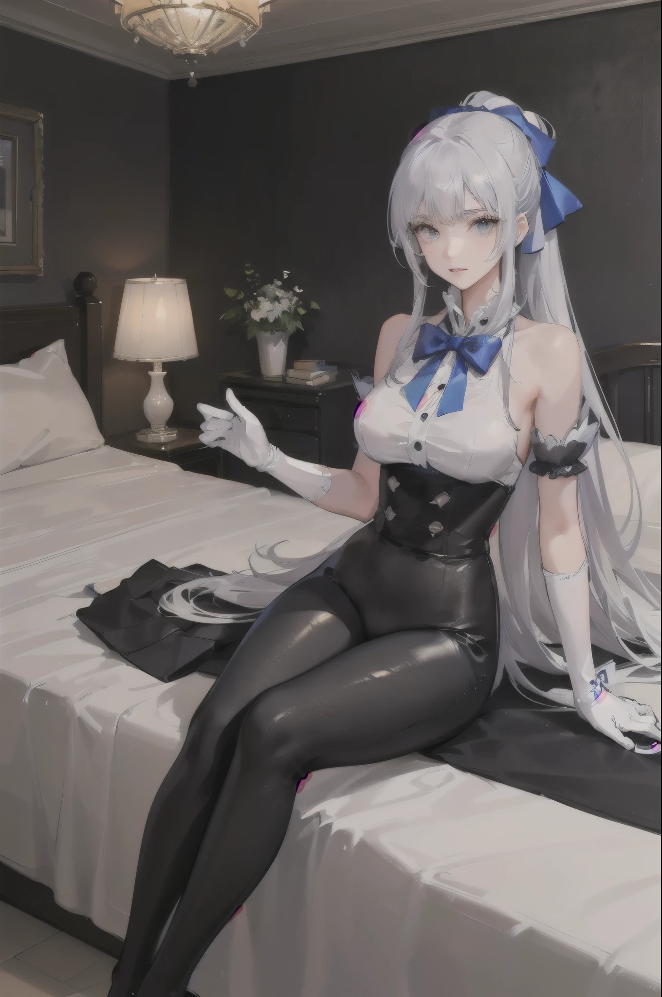 masutepiece　 The highest image quality　Super vivid　high-detail　One Young Woman（（Adults））　White Long Gloves（（blanche）（Long gloves））　white stockings（（blanche）（stockings））　校服（sleeveless）　Wolf ears　The hair（（Curta）（Grey Hair））　A smile　Eye color is blue　on the beds