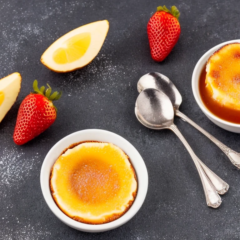 Create a picture of a creme brulee in a small appetizing round bowl. The creme brulee should have a nice caramelized sugar layer and be served with a small spoon. The picture should have a white background.