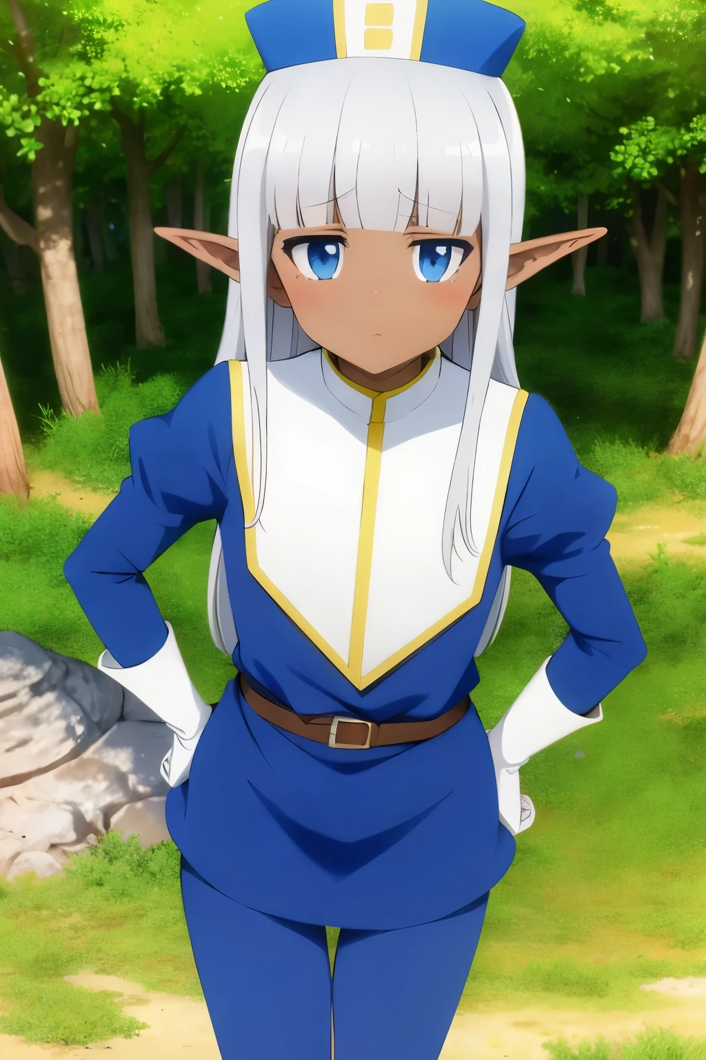 Karla (kono healer mendokusai), white_hair, dark skin, dark-skinned female, blue headwear, leather_belt, blue_pants, tunic, blue_tunic, stole, blue_sleeves, white_gloves, blue_eyes, elf_ears, straight_hair, hime_cut, and blunt_bangs, fantasy setting, portrait, looking at viewer, blush