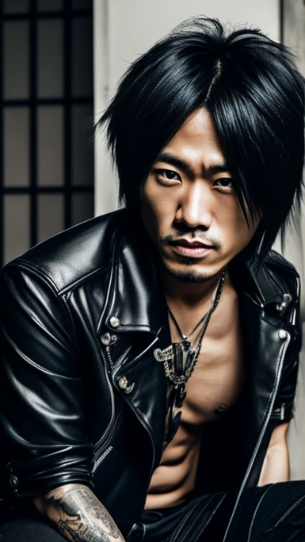1 male Japanese rocker, Asian eyes, Ultra detailed face and eyes, Hyperrealistic, realistic representation, shoulder length hair, 30 years old, muscular, broad shoulders, wearing black rocker clothes, he wears boots