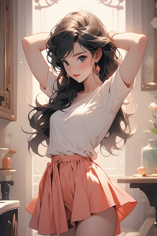 Back,A girl clasped her hands above her head,Lift your hips,Short skirt