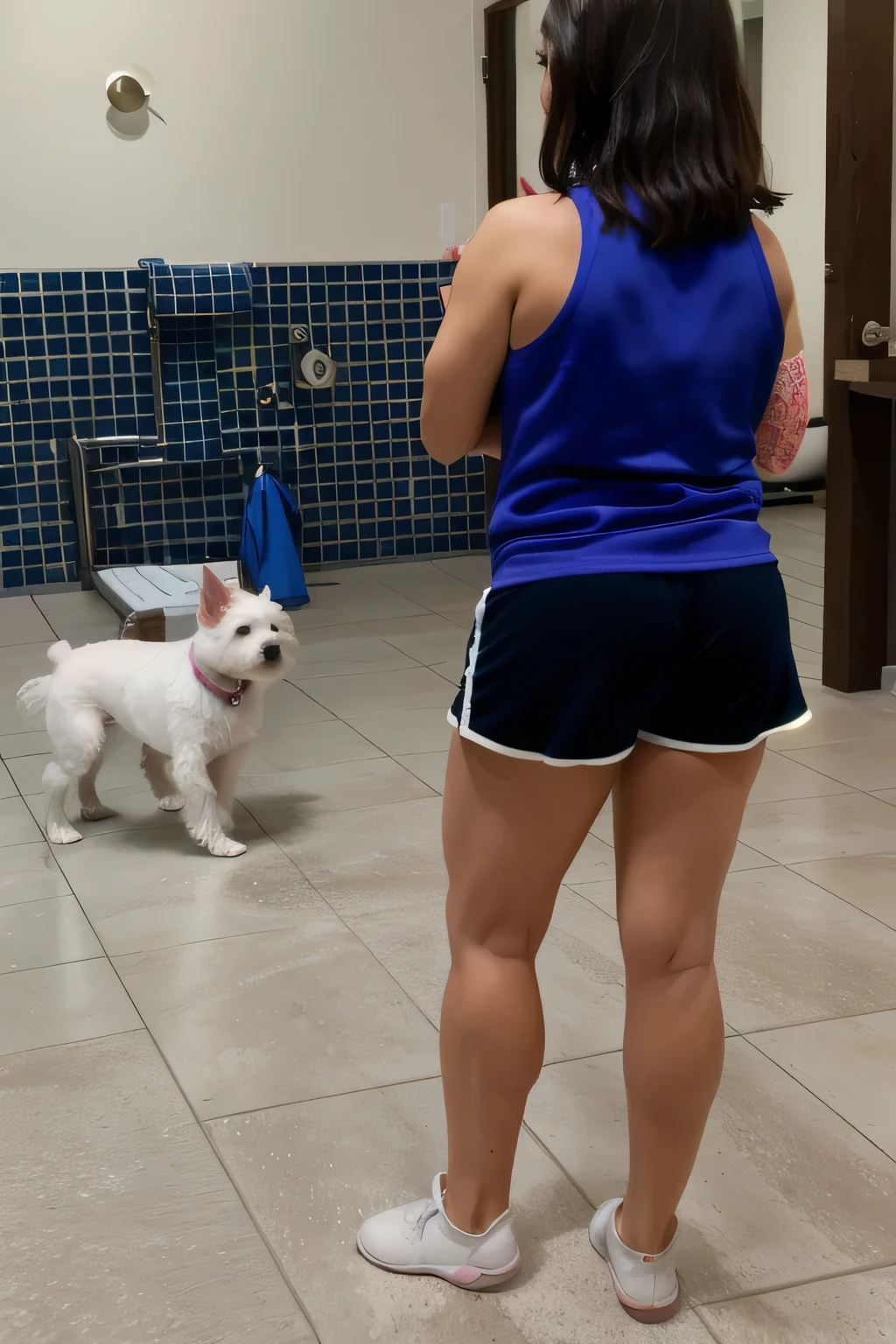 there is a woman standing in a bathroom with a dog, lunging at camera :4, short legs, small white dog at her side, in a gym, side view of her taking steps, with dogs, the dog is doing a ballet dance, dynamic!!, not blurry, walking towards camera