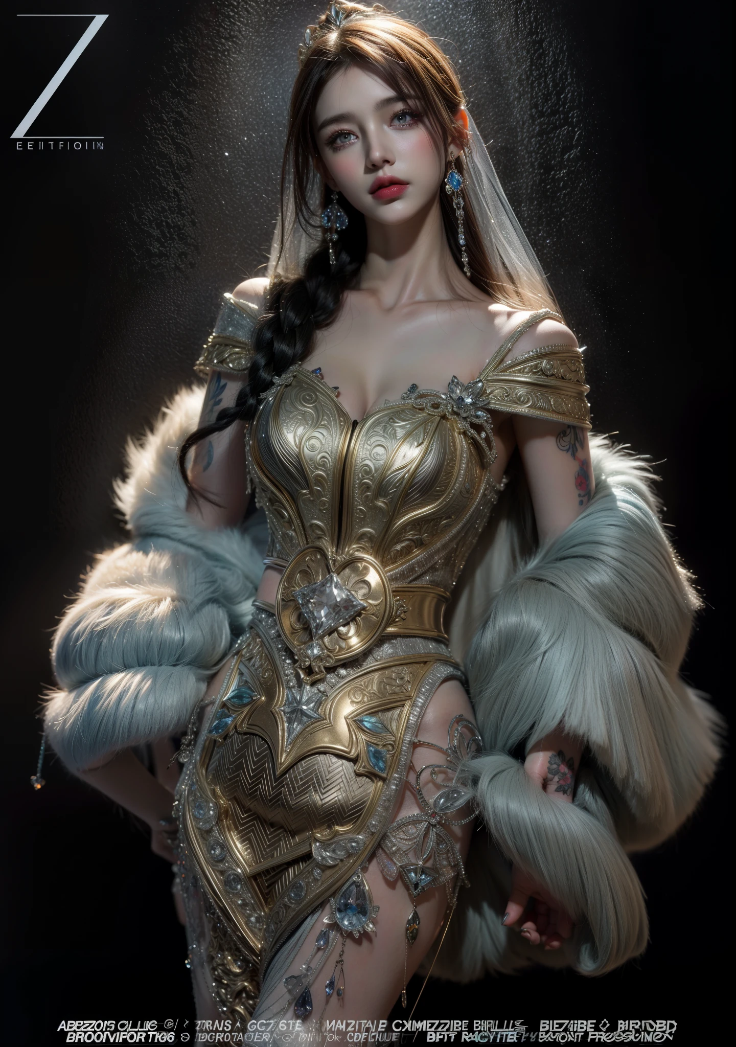 Royal princess,Ultra Detailed, Delicate face, movie stock photography , Portrait 400, F1 camera lens.6, Colorful, Surreal, Realistic textures, Dramatic Lighting, film alembic 800 (8k, original photo, better quality, masterpiece: 1.2), Ultra Detailed, (Extremely delicate skin: 1.2), 8k ultra high definition, SLR camera, Soft Light, high quality.Frozen queen,Succubus,Fallen Angel,Blue pupils,Apply red lipstick,Have a tattoo,The tattoo is very three-dimensional,Gorgeous and intricate tattoo designs,Gold Belt(Gemstones and diamonds),White fur coat