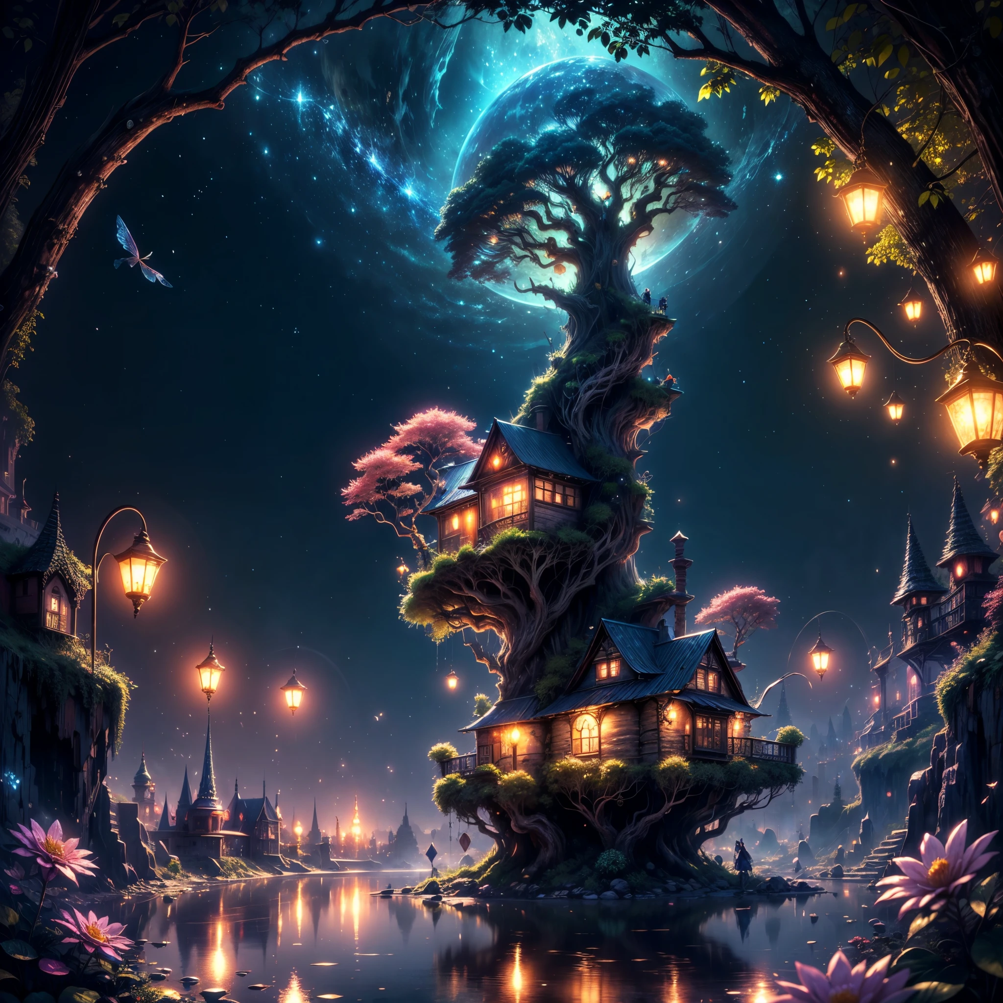 (best quality,4k,8k,highres,masterpiece:1.2),ultra-detailed,(realistic,photorealistic,photo-realistic:1.37), ultra wide angle view a magical fairy village,colorful mushroom houses,enchanting lights,fluttering butterflies and fireflies,vibrant and vivid colors,fairy tale atmosphere,soft and warm lighting,whimsical and fantastical scenery,detailed textures and patterns,ethereal and mystical ambiance,sparkling and glowing elements,serene and peaceful surroundings,rich and lush vegetation,magical plants and flowers,magical creatures and animals,magical waterfalls and streams,tranquil and clear sky,spellbinding and captivating view,magical moonlit night,magical fog and mist,enchanted sounds of nature,enchanted pathways and walkways,hidden secrets and surprises around every corner,fairy dust and magic in the air,dream-like and surreal atmosphere,enchanting and whimsical music,fairy queen and her royal court,fairy houses decorated with flowers and vines,glowing lanterns and fairy lights,playful and mischievous fairies,dancing and twirling fireflies among the trees,magical reflections in the water,entrancing and mesmerizing energy,peaceful and serene fairy village in the evening light,colorful and lively celebrations and festivals,iridescent and shimmering wings of the fairies,magical potions and spell books,fairy tale characters and stories coming to life,enchanting bridges and arches made of vines and flowers,magical crystals and gemstones,whispering trees and talking animals,sunlit meadows and blooming fields,fantastic and otherworldly architecture,magical fountains and ponds with vibrant fish,harmony and balance in nature,mysterious and alluring atmosphere,enchanted forest surrounding the village,fairy folk and their daily activities,sparkling and twinkling stars in the night sky,fairy blessings and wishes granted,magical gateway to other realms,mystical and ancient tree of wisdom,glimmering and dreamy sunset over the village,