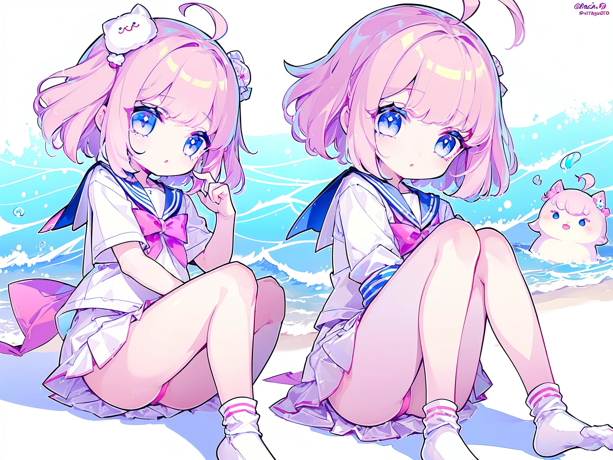 Masterpiece, high res, best quality, refrence sheet, young girl, short hair, pastel pink hair, ahoge, ocean blue eyes, parted lips, :o, pink , sailor style uniform, white socks,(((ultra detailed))), softcore, kawaii ,Kawaii, cute, pretty, anime, pastel, neon