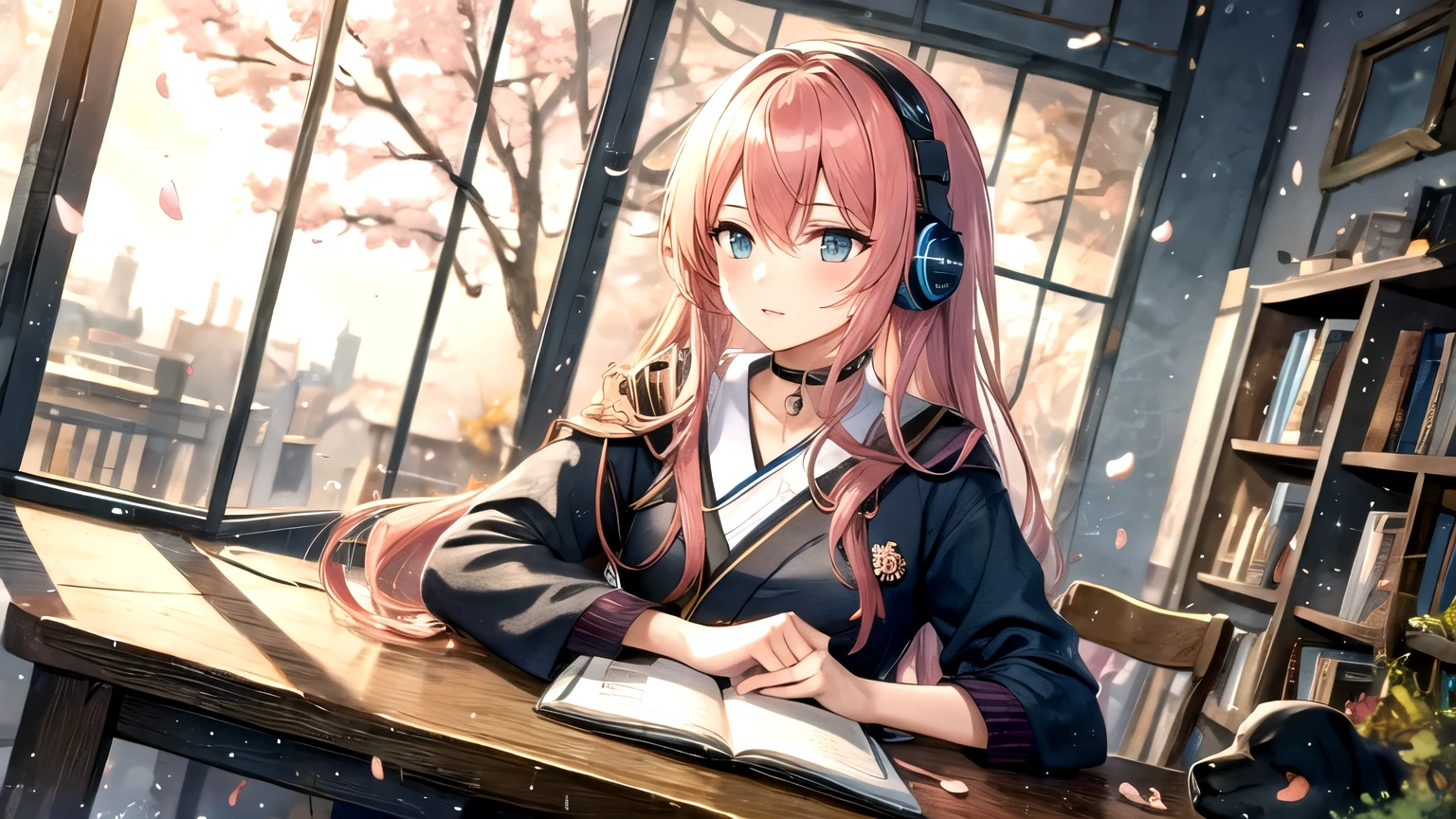 A beautiful girl with pink hair studying in her room while listening to music with headphones　Warm lighting　Beautiful cherry blossoms are blooming outside the room.　There is a dog on the desk　Japanese anime style