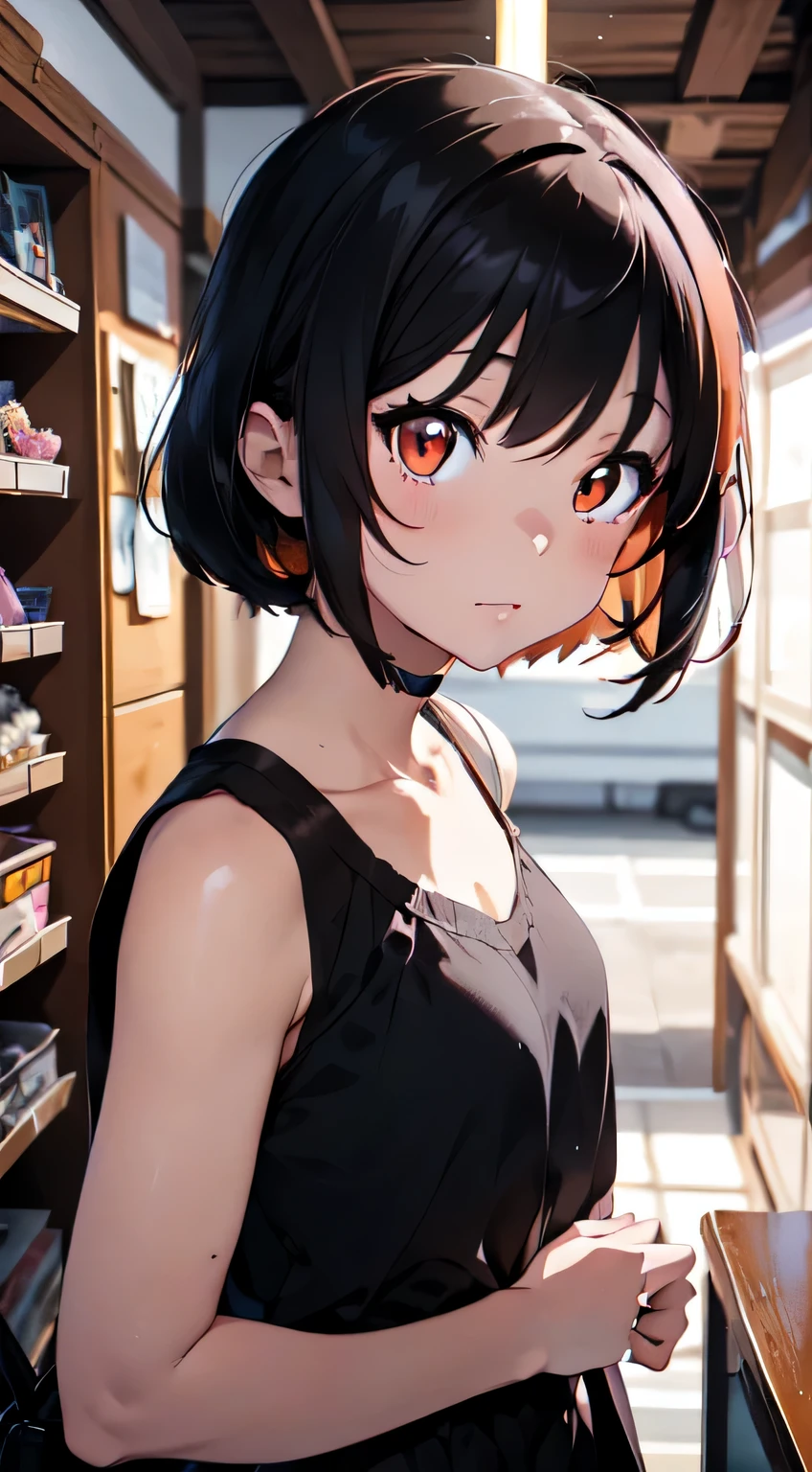 Anime girl with orange eyes and black top posing in front of lamp, Anime cute art style, Ilya Kuvshinov. 4K, anime style 4K, Anime visuals of cute girls, 4k anime wallpaper, Cute anime girl, Kuvshinov Ilya, Young anime girl, Glowing orange eyes, Beautiful anime portrait, Stunning anime face portraits