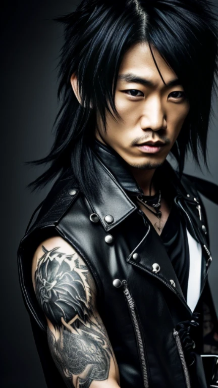 1 male Japanese rocker, Asian eyes, Ultra detailed face and eyes, Hyperrealistic, realistic representation, shoulder length hair, 30 years old, muscular, broad shoulders, wearing black rocker clothes, he wears boots, hairstyle: Visual Kei 