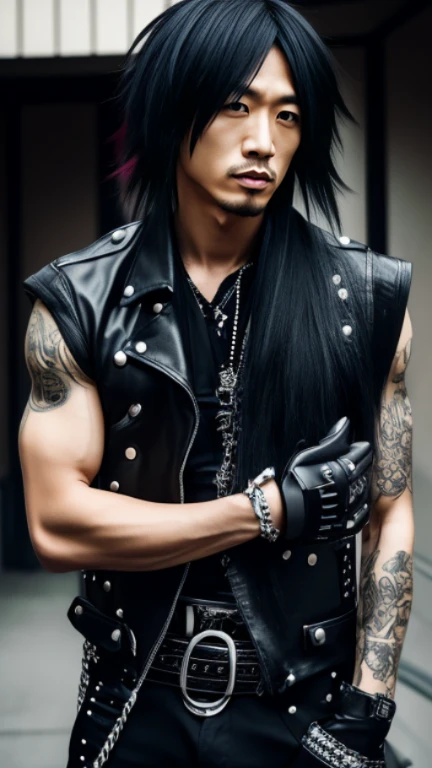 Boy medium long hair goatee tattoo on arm headphones black clothes
