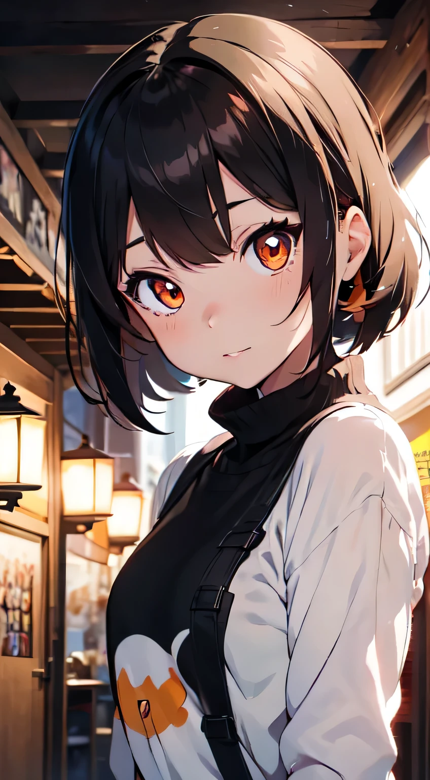 Anime girl with orange eyes and black top posing in front of lamp, Anime cute art style, Ilya Kuvshinov. 4K, anime style 4K, Anime visuals of cute girls, 4k anime wallpaper, Cute anime girl, Kuvshinov Ilya, Young anime girl, Glowing orange eyes, Beautiful anime portrait, Stunning anime face portraits