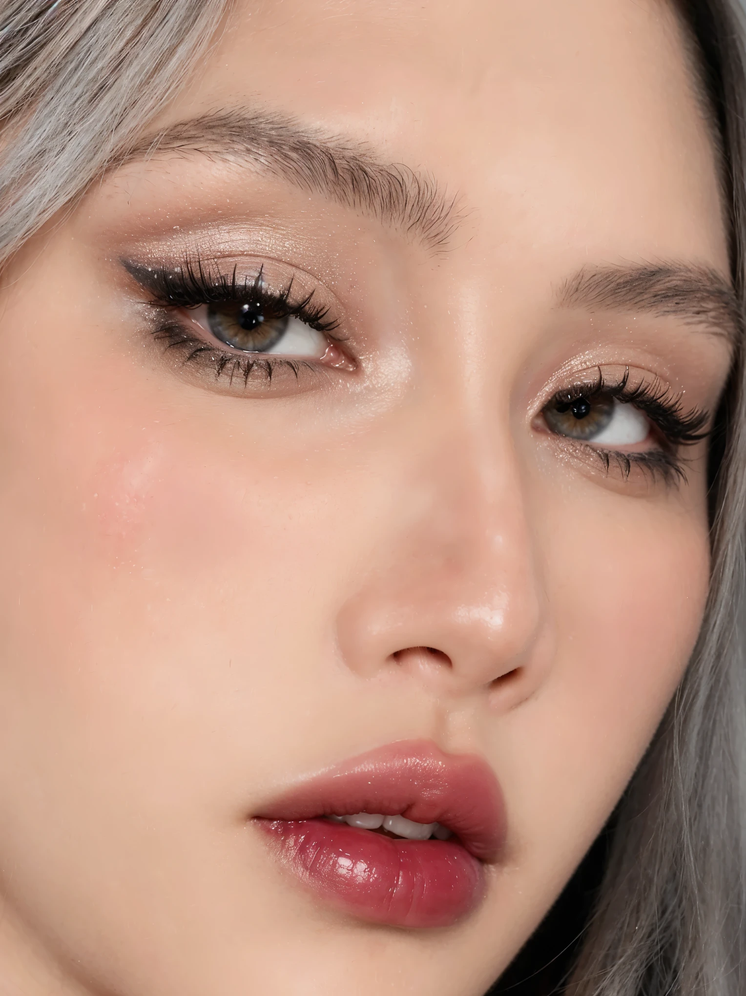 a closeup of a woman with gray hair and pink lipstick, maquillaje coreano popular, maquillaje popular de corea del sur, maquillaje suave, beautiful pale makeup, cara sexy con maquillaje completo, cara puntiaguda y ojos grises, pale milky white porcelain skin, maquillaje ligero, lindos ojos redondos e inclinados, maquillaje sutil, rasgos de la cara coreana, Hermoso rostro estetico, ojos brillantes