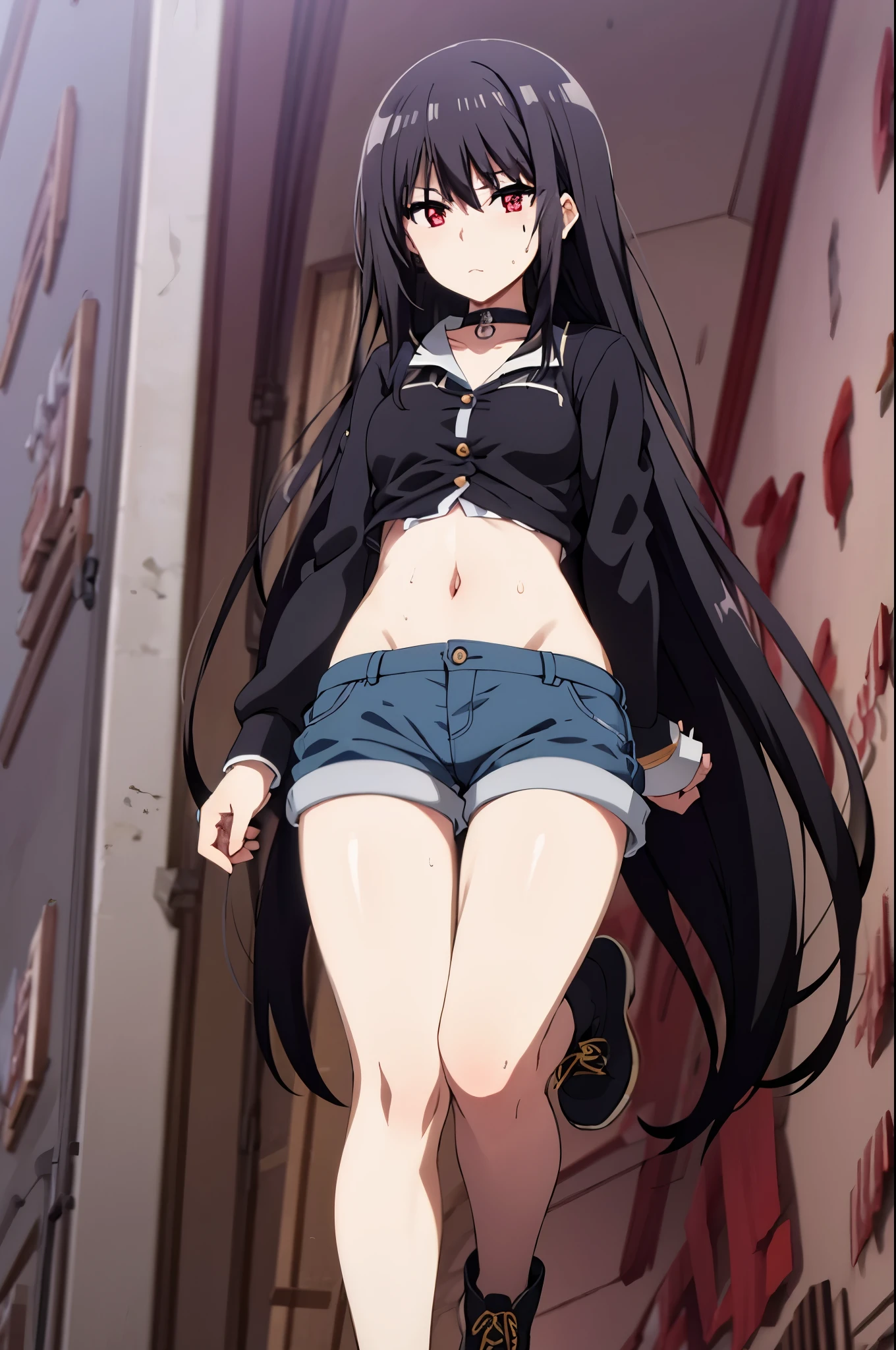 1girl, black hair,red eyes,masterpiece, best quality, high quality,medium breasts, makeup, sweat, bob cut, oversized clothes, shorts, choker, looking at viewer, pussy peek, from below, blush, street, navel, shoe soles, boots, leg up, thighhighs,