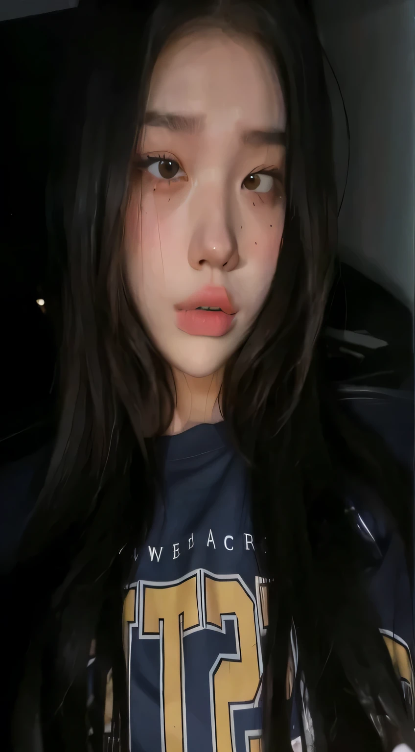 a close up of a woman with long hair wearing a t - shirt, wan adorable korean face, young adorable korean face, korean girl, ulzzang, beautiful aesthetic face, korean symmetrical face, pale round face, 8k selfie photograph, 🤤 girl portrait, girl cute-fine-face, gorgeous young korean woman, korean face features