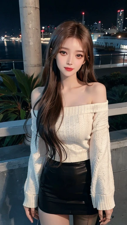 A beautiful Chinese girl wearing an off-shoulder white sweater dress and black pantyhose,Height 160,Weight 45kg,Perfect body,fairer complexion,Oval face,Deep facial features,Long brown hair,A confident smile,A little blush on face,light pink eyeshadow,night time,Posing against the railing on the observation deck,Realistic style,masterpiece