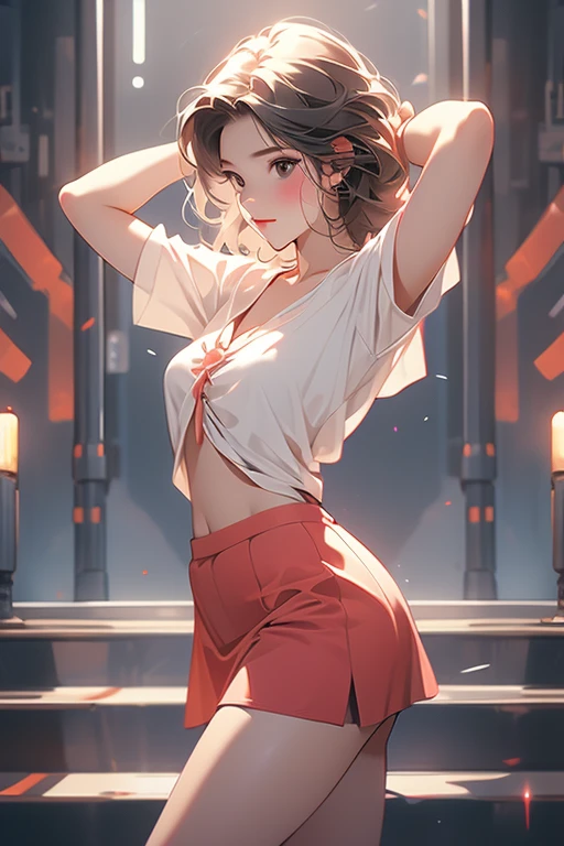Back,A girl clasped her hands above her head,Keep your chest up,Lift your hips,Short skirt,Sexy