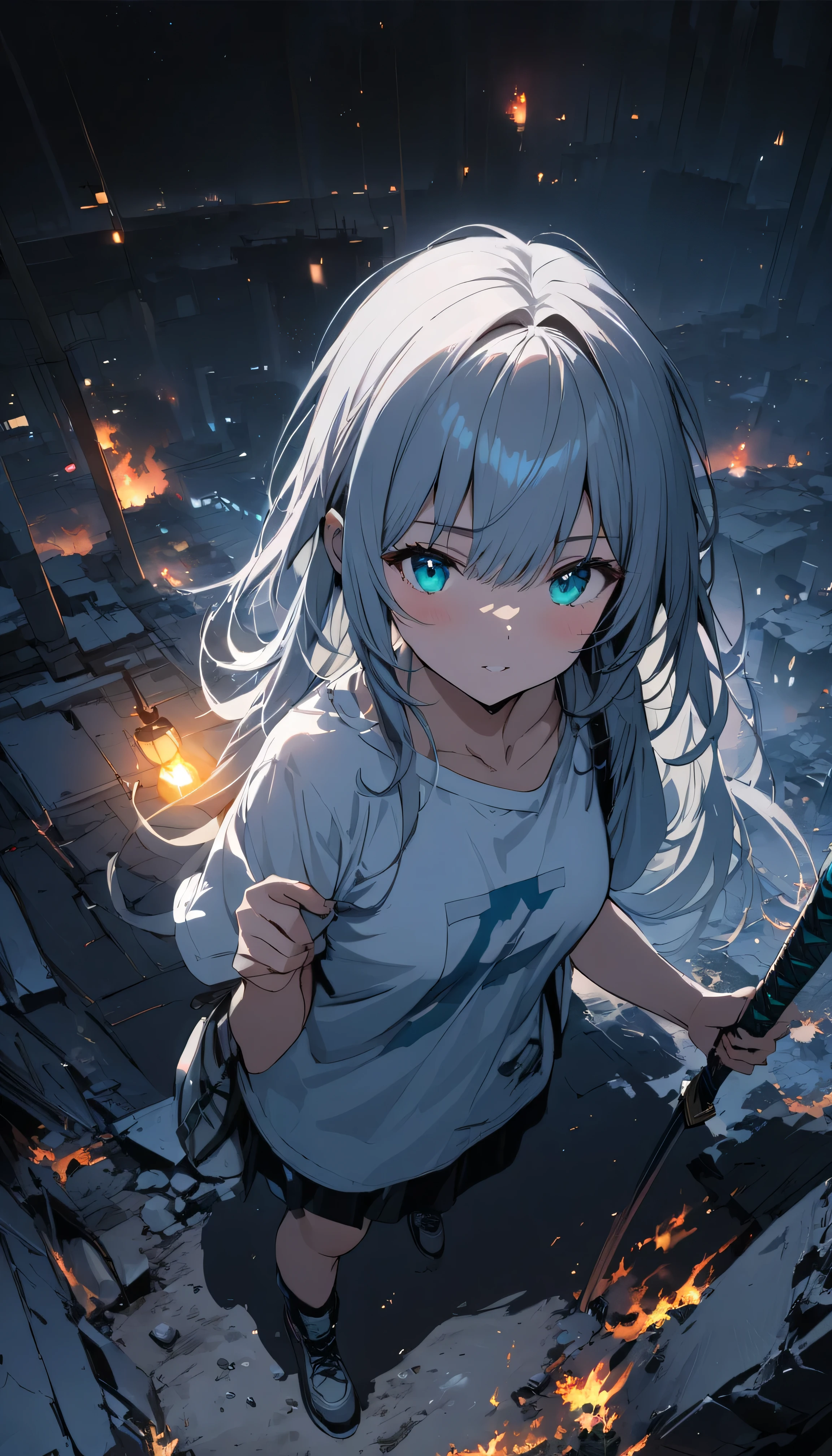 Resolution full, best quality, masterpiece, full HD, beautifull girl, foggy theme, super detailed, 1girl, cute girl, long hair, silver hair, detailed beautiful Aqua eyes, white T - shirt oversized, from above, in wasteland, night time. in burning city and destroyed city. holding glowing katana, shadows surroundings girl, has a lighting power
