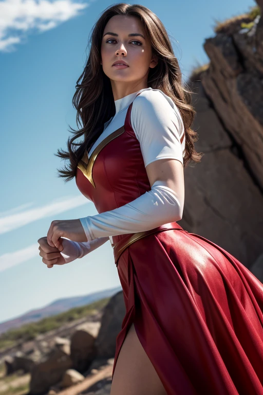 Grace Caroline Currey as Mary Marvel from Shazam Fury of the Gods movie, action scene, dynamic pose, masterpiece, best quality, mary marvel, white cape, red dress, red skirt, short sleeves, bracer, medium breasts, flex, looking at viewer, furrowed brow, grin, blue sky, clouds, (skin texture:1.2), (high detail face:1.3), high detail body, high detail clothes, (masterpiece), (realistic), ultra high definition, 4k, ultra high resolution, film grain, photo by Arny Freytag, RAW image, perfect fit slender body, beautiful body, extremely detailed, intricate details, highly detailed, detailed skin, realistic skin texture, texture, detailed eyes, maximum detail, roughness, real life, ultra realistic, photorealism, photography, absurdres, highest quality, professional photo, highres, super detailed