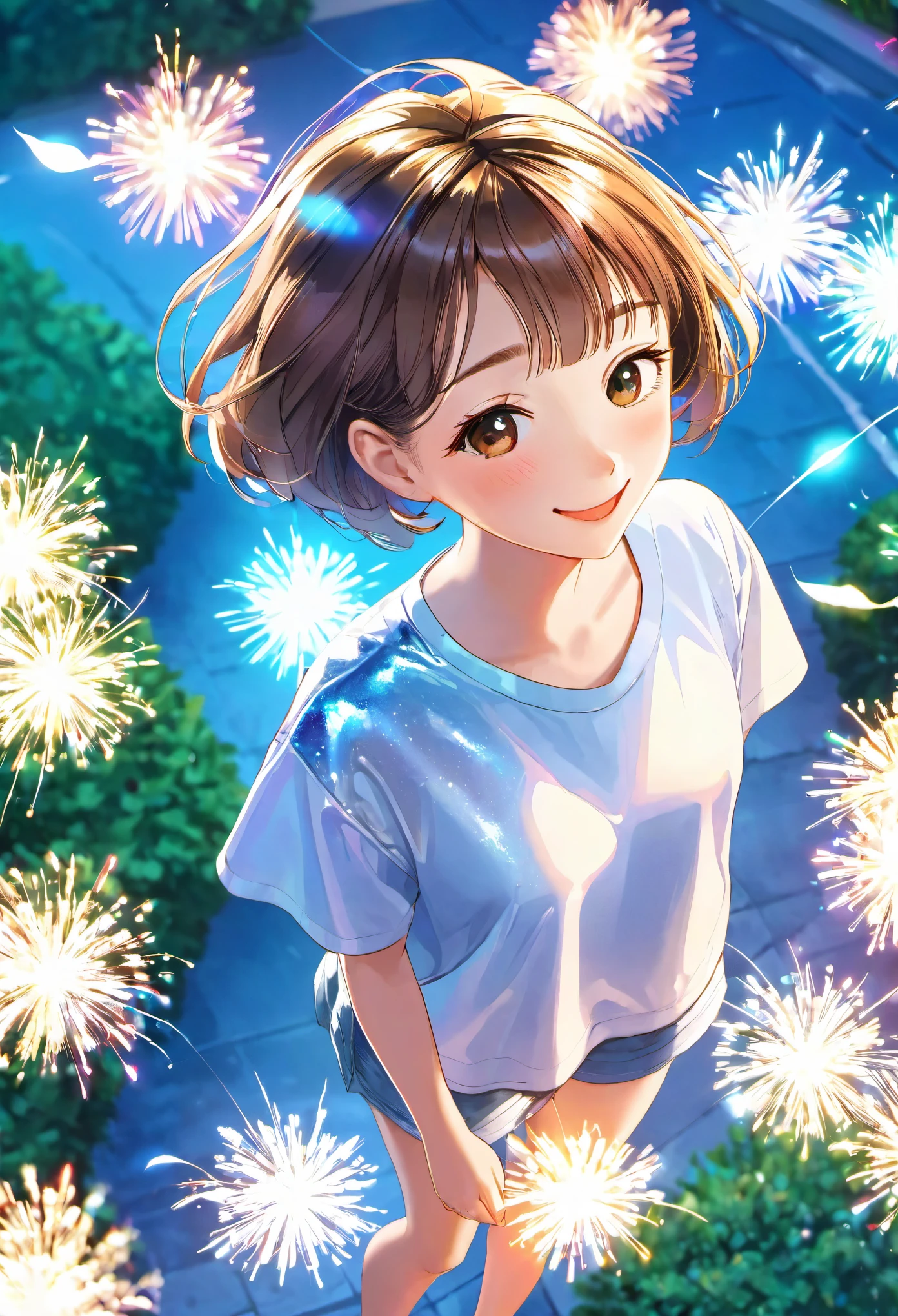 image from above front, best quality, super fine, 16k, incredibly absurdres, extremely detailed, beautiful girl with cute short hair, smiling, eyes closed, approach me, wearing cute clothes fashion, sparkling images, wind, wind-effect, shining-effect, background park, professional lighting