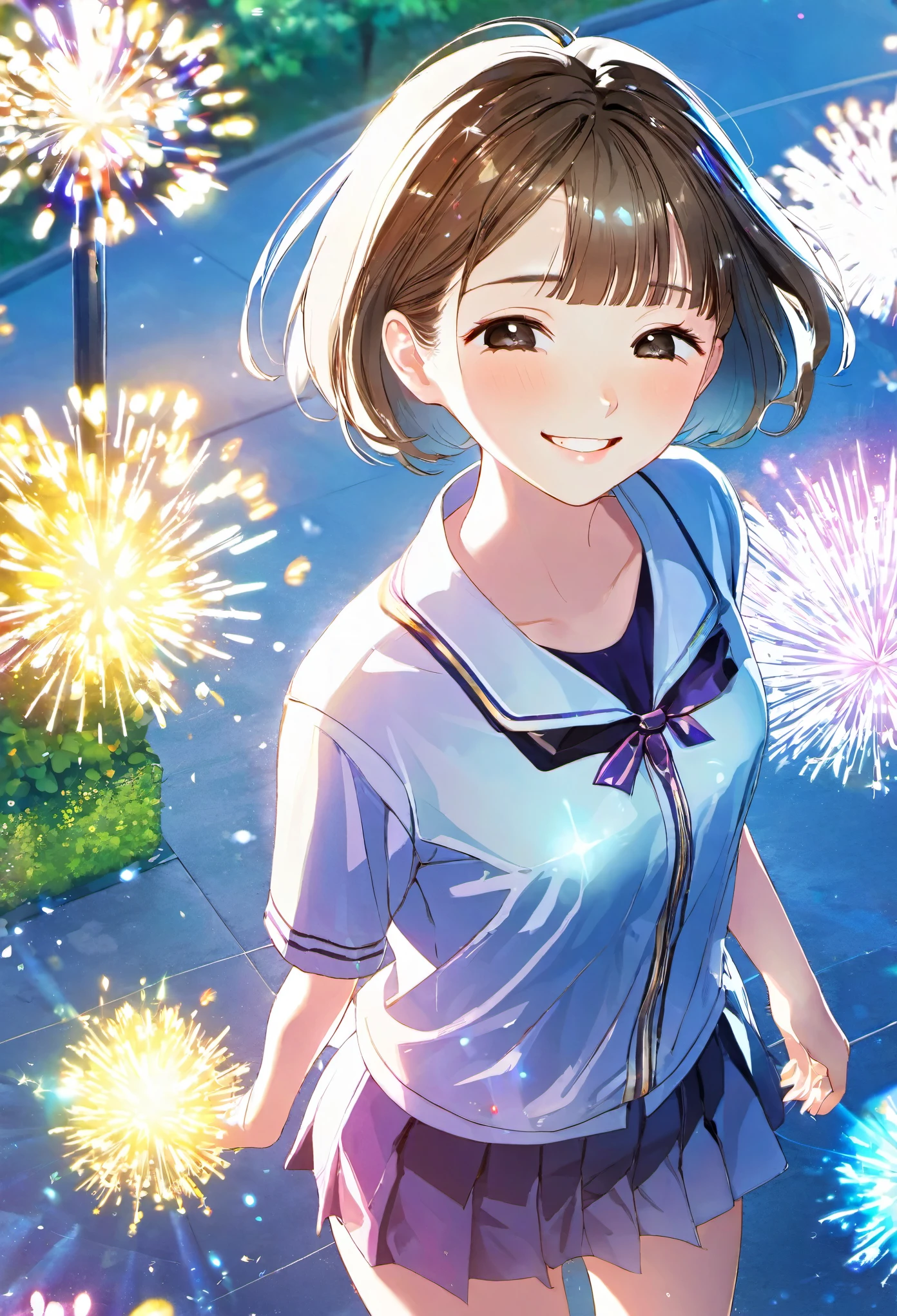 image from above front, best quality, super fine, 16k, incredibly absurdres, extremely detailed, beautiful girl with cute short hair, smiling, eyes closed, approach me, wearing cute clothes fashion, sparkling images, wind, wind-effect, shining-effect, background park, professional lighting