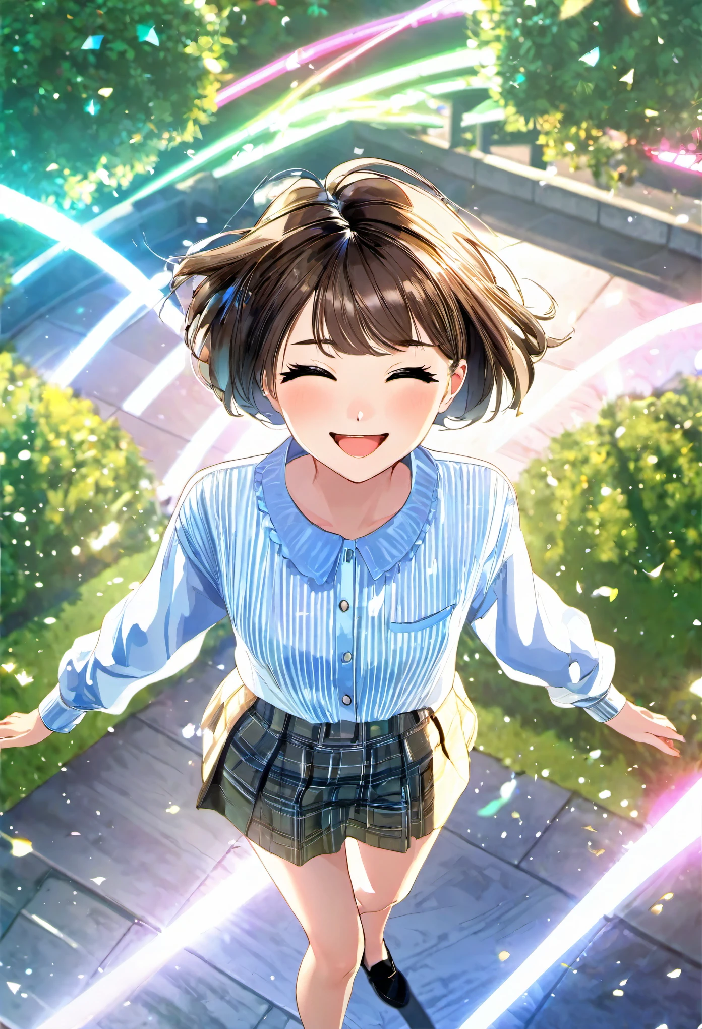 image from above front, best quality, super fine, 16k, incredibly absurdres, extremely detailed, beautiful girl with cute short hair, smiling, eyes closed, approach me, wearing cute clothes fashion, sparkling images, wind, wind-effect, shining-effect, background park, professional lighting