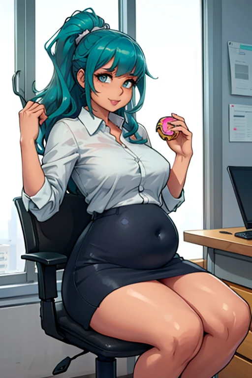 high_aesthetic, art_by_kipteitei, 1girl, (aqua blue hair), long wavy hair, hair up, blue eyes, black pencil skirt, dress shirt, (black tights), happy expression, (skinny), [stuffed_belly], (holding donut), sitting in office, leaning back in chair, fancy office background with lots of windows, (best quality, masterpiece)
