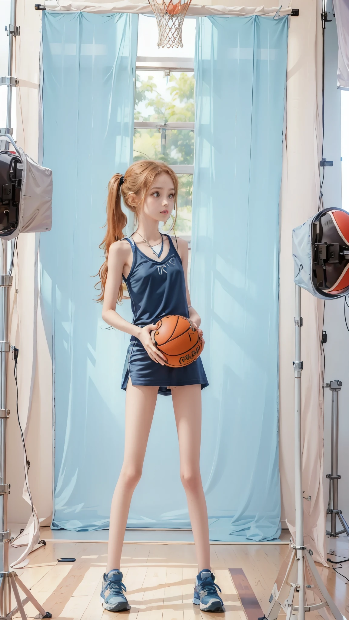 ((very very anorexic girls)),((mejor calidad)), ((Obra maestra)), (detallado),2 girls 14 years old,very very very thin legs and very very very thin arms, basket, in a photo session in a photo studio,((basketball equipment)), ginger hair curly hair with 2 pigtail,  playing basketball, making blocks or dunks (Obra maestra, mejor calidad)