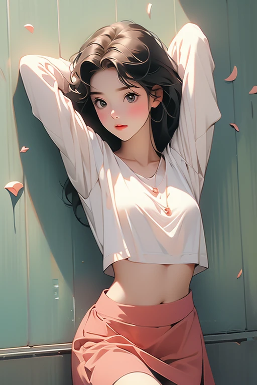 Girl lying on the wall back,A girl raised her arms and clasped them above her head,Keep your chest up,Lift your hips,Short skirt,Sexy