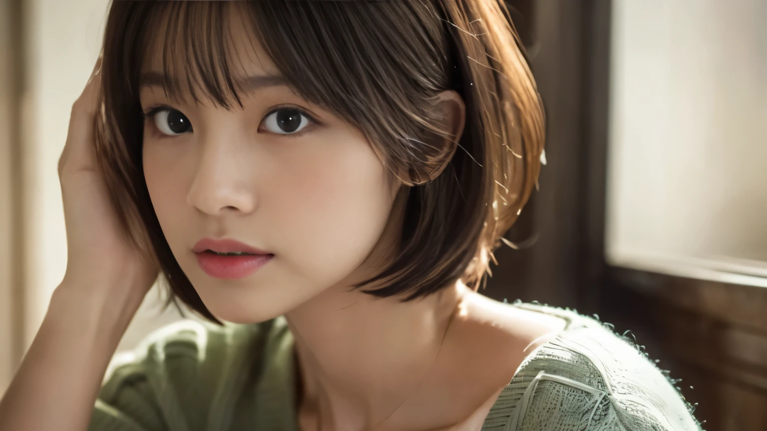 (highest quality、8k、32k、masterpiece:1.2)、cute日本人女性の写真、very short bob hair、Upper body、Face Focus、Extra Large_sweater、necklace、Background of the café、From above、Viewer looking x4、(8k、Raw photo、highest quality、masterpiece:1.2)、(Realistic、Photorealistic:1.37)、One Girl、cute、Professional Lighting、Photon Mapping、Physically Based Rendering、Gradient brunette hair、Short Curly Hair、Handsome、Girlish、Excellent image quality、High resolution、1080p、(Clear Face)、(Detailed face description)、(Detailed hand description)、(Masseter muscle area)、(Exquisite CGI)、 Extreme light and shadow、My hair is messy、masterpiece、Rich details、(Graceful features)、(Best image quality)、(masterpiece)、(Detailed eyes)、I look forward to seeing you、Delicate clavicle、Various poses、Don'don't watch mela、profile、Photographed inside the cafe、Spring Clothes、simple necklace、Light Blue Knit