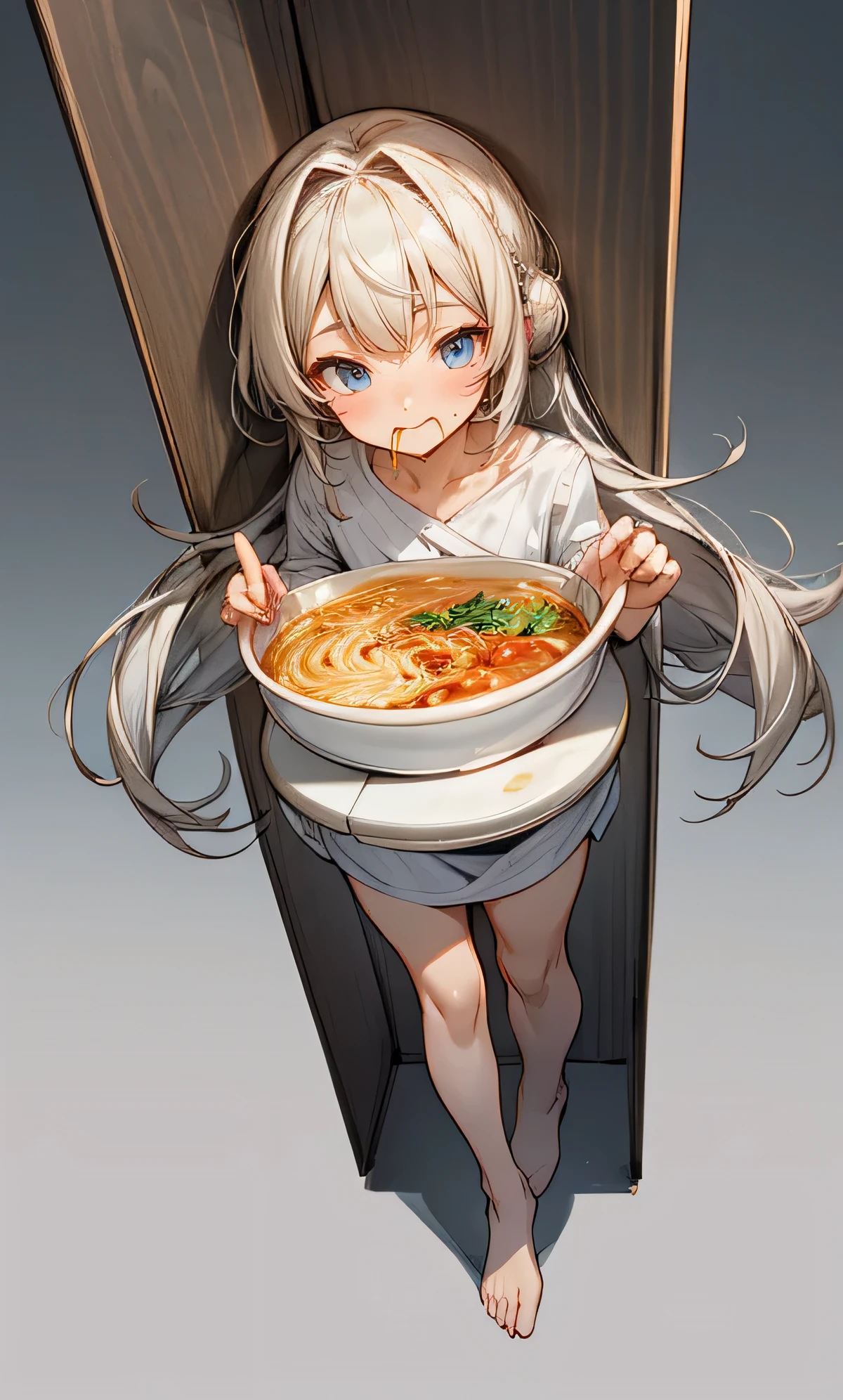 (full body:1.5).cute_face.standing.Adult.    . Whole body.a cute 
A young girl is speed-eating ramen. She's full of energy. There are two empty plates indicating that she finished    She is 18 years old.  (Flat chest: 1.5).BREAK hdr.thin body.
{{{masterpiece}}}, {{{best quality}}}, {{ultra-detailed}}, {illustration}, {{an extremely delicate and beautiful}} .{{absurdres}},4fingers and 1thumb.8k.extremely detailed CG.super fine illustration.