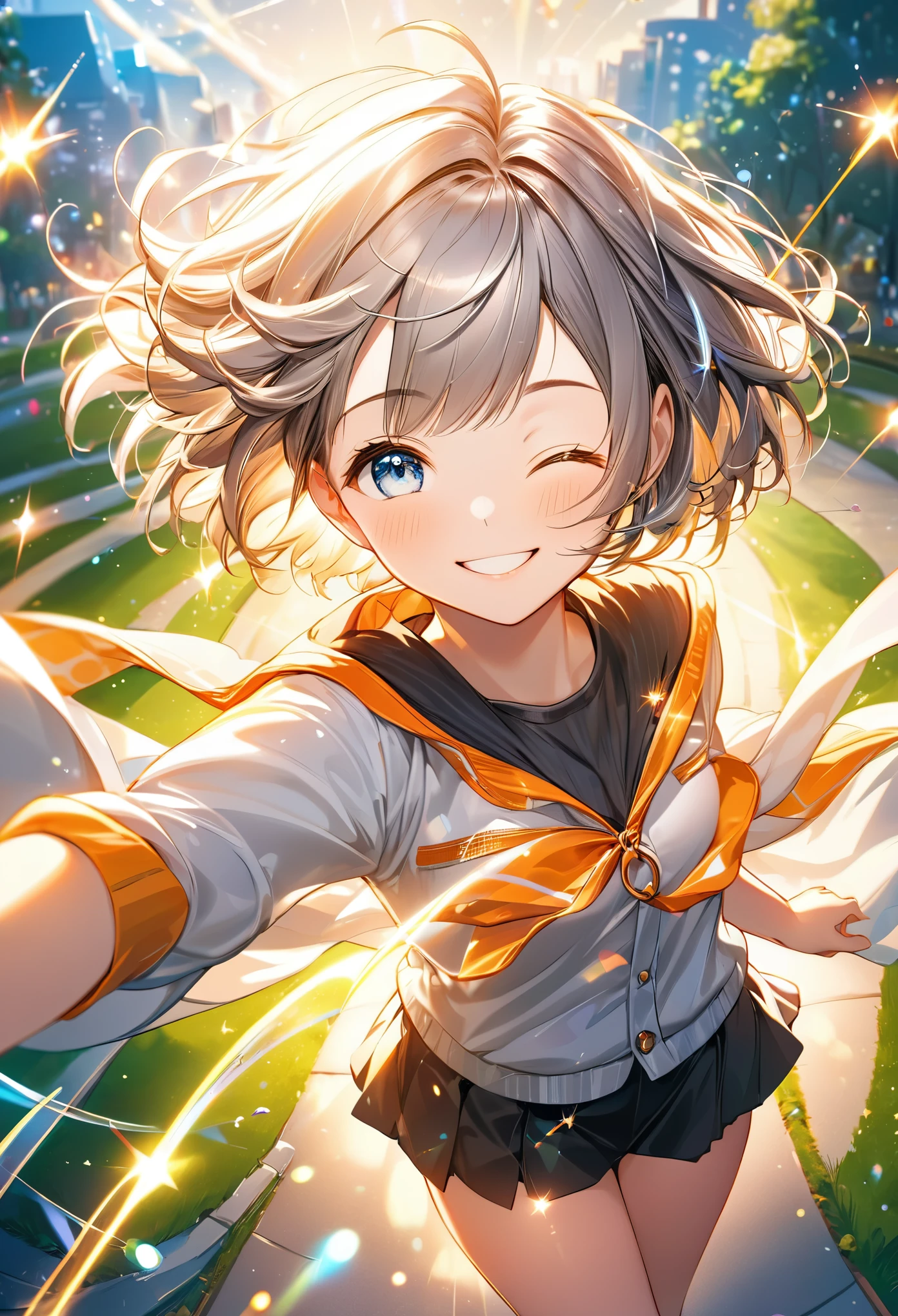 image from above front, best quality, super fine, 16k, incredibly absurdres, extremely detailed, beautiful girl with cute short hair, smiling, eyes closed, approach me, wearing cute clothes fashion, sparkling images, wind, wind-effect, shining-effect, background park, professional lighting
