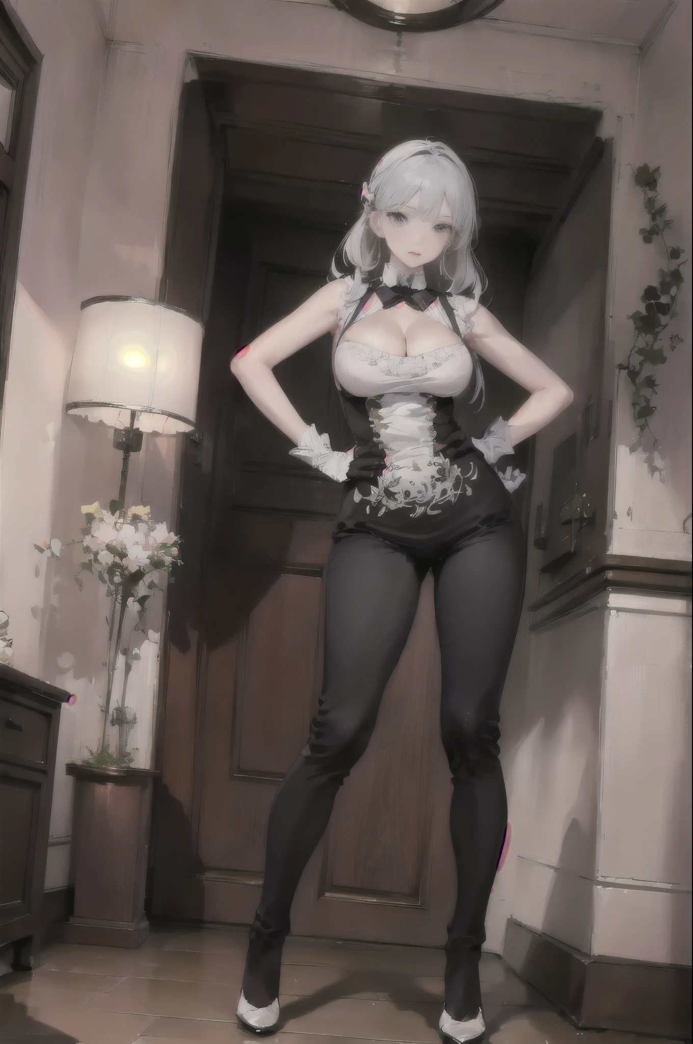 (((1 girl)),Ray Tracing,(Dim Lights),[Detailed background (bedroom)),((Silver Hair)),((Silver Hair)),(Fluffy Silver Hair, Busty and slim girl)) high ponytail)))) Avoid blonde eyes in the ominous bedroom ((((Girl wearing black high-waisted trousers and tights with delicate embroidery) and white ruffled bow gloves), Show off your slender figure and beautiful curves, correct limb, Sitting on the bed,Big breasts,Deep cleavage,