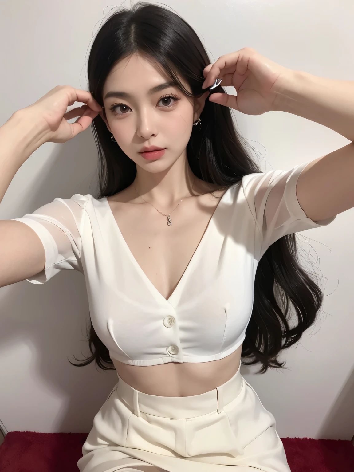 Kim jennie con el cabello negro oscuro, con rulos en las puntas del cabello negro oscuro, con un ganchito de estrella en el cabello negro oscuro, ojos de color claro, ojos bonitos, ojos llorosos, nariz bonita y respingada, labios bonitos, labios rosas, heart and cupid shaped lip, piel bonita, pale, piel blanca, con lunares y pecas en todo el rostro, rubor rosa suave en las mejilla, rubor rosa natural, maquillaje suave y rosa, jennie, cuellos bonito, cuello marcado, frown, mirada enojada, con un collar de beso, un collar bonito de beso, mientras tiene un traje de Yumeko Jabami, cospaly de Yumeko Jabami, mientras tiene una camisa blanca, con tiene un traje de color rojo encima de su camisa blanca, apretado a su cuerpo, con una falta negra corta mientras tiene el abdomen desnudo, delgado, marcado y bonito, (pechos grandes, pechos suaves, pechos bonitos, pechos naturales), mientras esta haciendo cospaly del personaje Yumeko Jabami, del anime Kakegurui, mirando a la camara, autofoto, selfie bonita