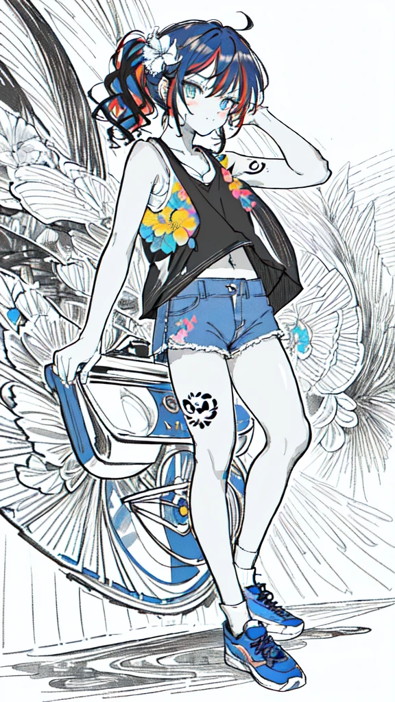 (monochrome:1.3), (lineart-style:1.3),(masterpiece, best quality, ultra detailed, ultra high resolusion, highres,8k:1.4), BREAK,(from front:1.2), 20_years_old, 1giri grin focus face,(tribal_tatoo:1.2),(wavy hairs),(messy hair),(asymmetry bangs),(multicolored hair),
Tsurime Eyes, (((blue eyes))),
((flower hair ornament)),(shortpants,tanktop:1.4),