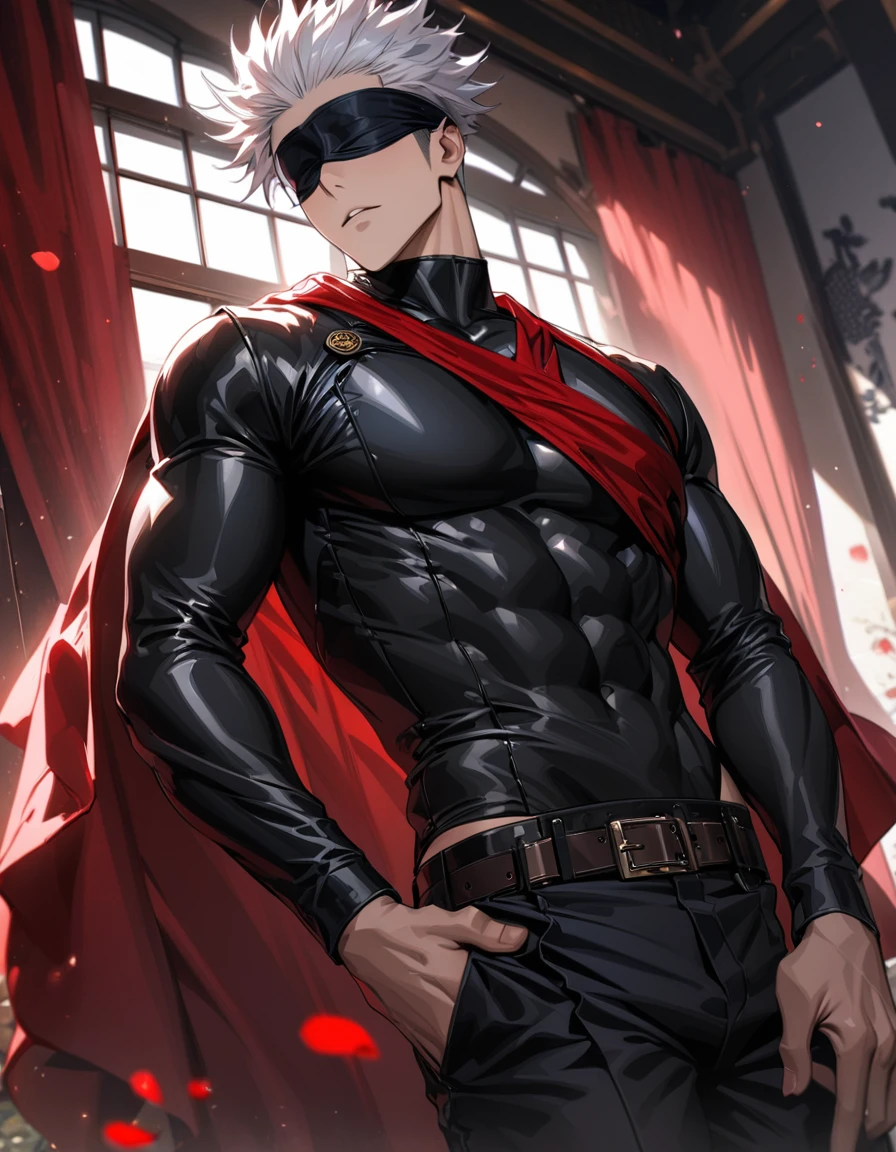 absurdres, highres, ultra detailed, HDR, masterpiece, Gojo Satoru, white hair, blindfolded eyes, Jujutsu Kaisen, solo, sexy man, very handsome, window, red curtains, red roses, red petals, tight black leather clothes, red cape, belt around his chest, accessories