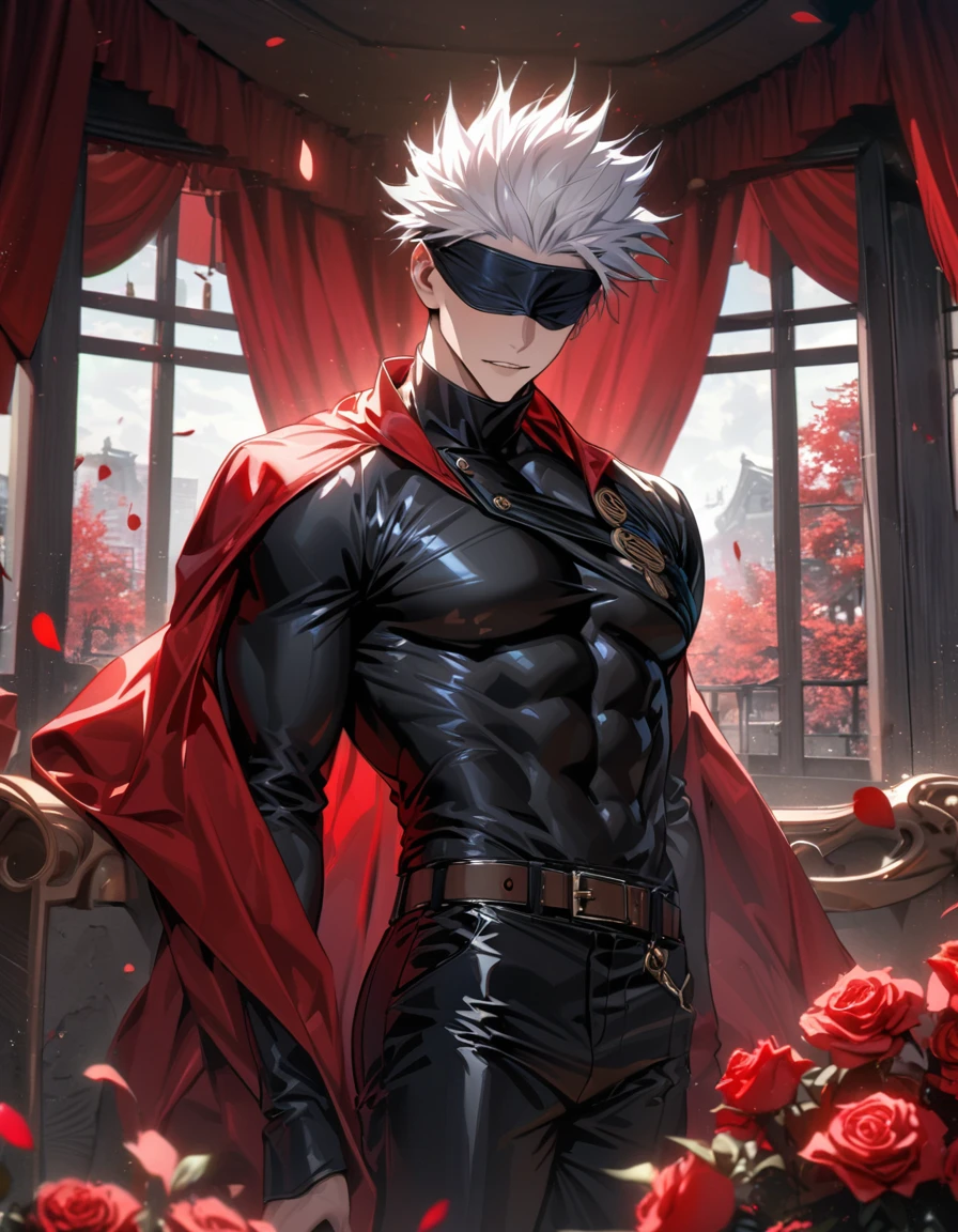 Ultra detailed, absurdres, Highres, HDR, white hair, Gojou Satoru, blue eyes, black gloves, black round sunglasses, black cape, bare chest, prince cool clothes, 1 man, moon, window, roses, handsome, jujutsu kaisen,