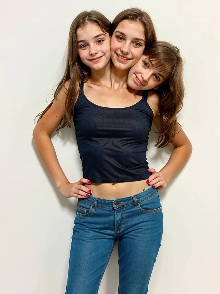 3heads, three headed girl, (a 13 year old girl and a 40 year old woman:1.5), (a 10 year old girl:1.5)