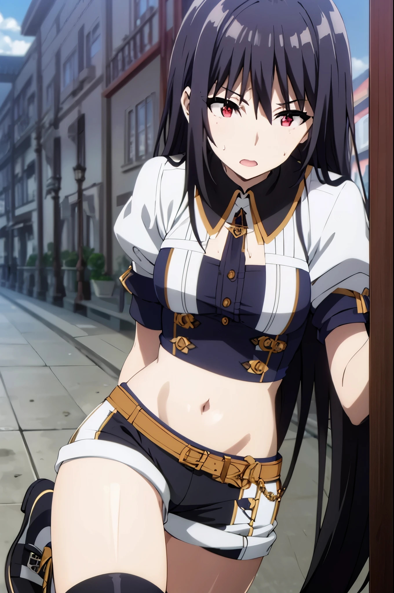 1girl, black hair,red eyes,masterpiece, best quality, high quality,medium breasts, makeup, sweat, bob cut, oversized clothes, shorts, choker, looking at viewer, pussy peek, from below, blush, street, navel, shoe soles, boots, leg up, thighhighs,
