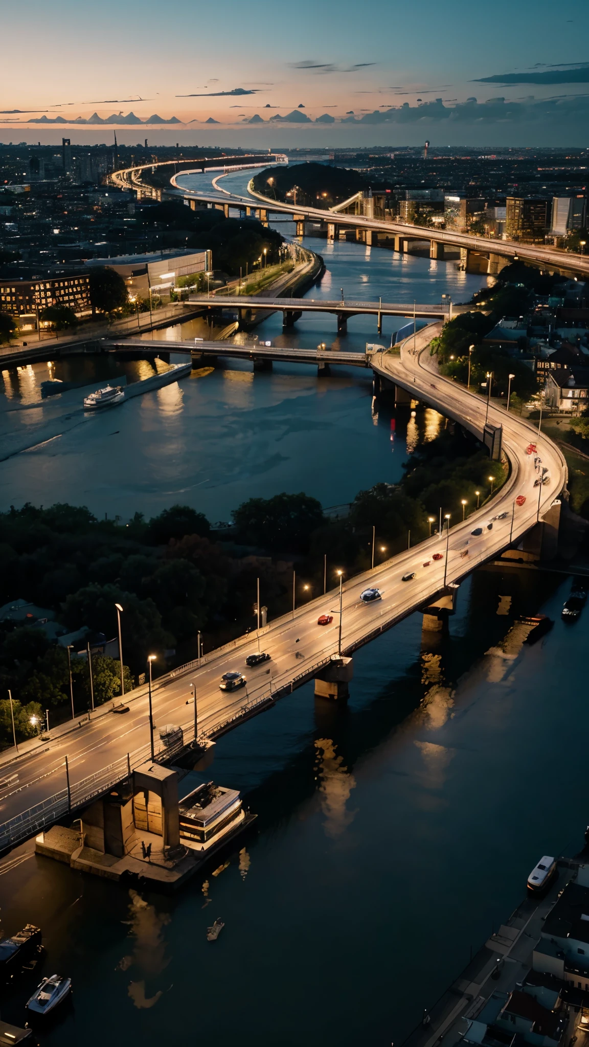 City skyline at night, with a large illuminated and a river sparkling below