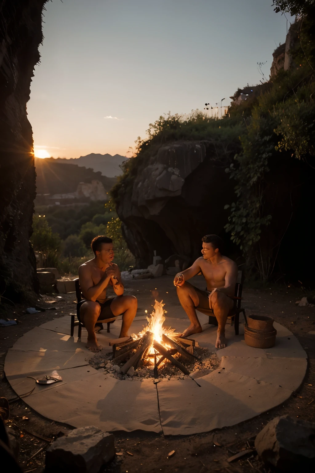 I need an image about Plato's cave myth, estilo pixar, varios esclavos atados con cadenas, a bonfire behind them and a slave coming out of the cave where you can see the sun and nature