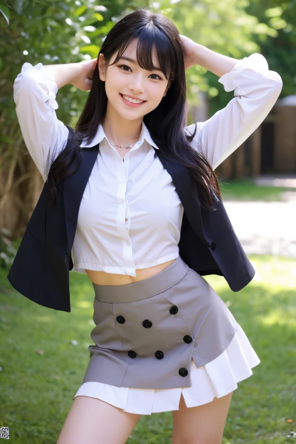 masterpiece, high-quaiity,(Correct Anatomy),Raw Photos, Photorealistic、Cute face,(well-proportioned face:1.5),High resolution,Super detailed,Fine details,Very detailed,very realistic eyes and face,smile,grin,open mouth,wink,(Realistic Humans),Sharp Focus,natural light,day light,high quality,(Japanese)、Cute Korean idol style,Black Hair,(White camisole),(Button-down mini skirt),lift up skirt,upskirt,The front of the body is facing the camera,the body foward to camera,Bright alley,One leg raised,hands up in the air,(spread legs),(17years old),17 years old、(girl),solo,long hair,Long Hair,thighs open,(Looking at the camera),flat chest,Narrow waist、white ankle socks、White sneakers,full body