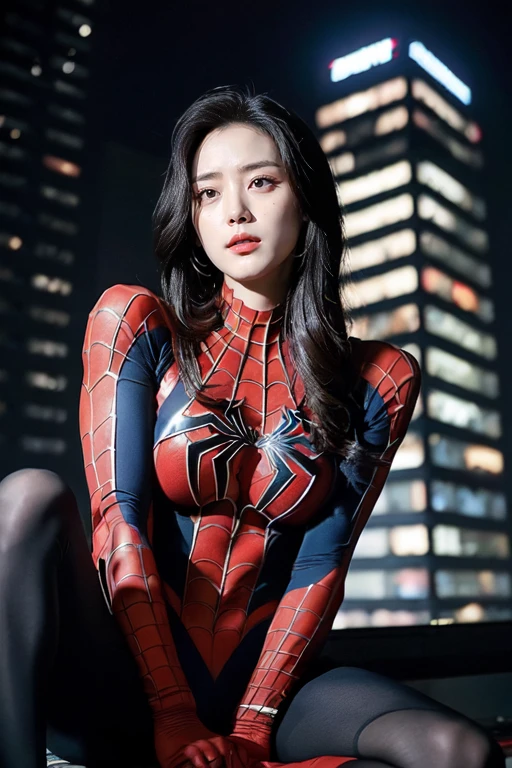 (best quality,ultra-detailed,realistic:1.37), digital illustration, ( woman wearing a spiderman costume), detailed eyes and face, beautiful detailed lips, red lips, ???? body, ???????????,long eyelashes, ???????????:1.5, Close-up photo,  woman wearing a spiderman costume, long hair, ((Take a photo from below the thigh)),vibrant colors, dramatic lighting, comic book style,  woman wearing a spiderman costume, position:sitting, seductive pose, skyscraper background, view dark sky, tall buildings