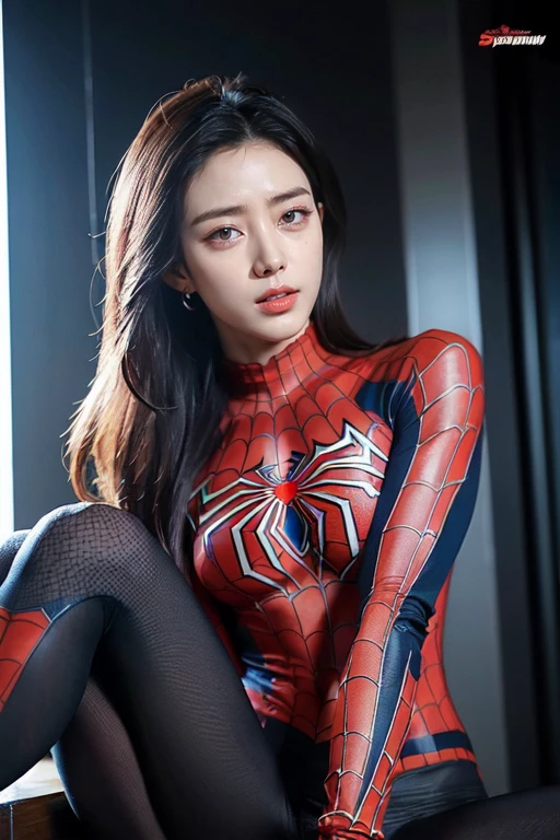 (best quality,ultra-detailed,realistic:1.37), digital illustration, ( woman wearing a spiderman costume), detailed eyes and face, beautiful detailed lips, red lips, sexy body, big breasts,long eyelashes, big breasts:1.5, Close-up photo, woman wearing a spiderman costume, long hair, ((Take a photo from below the thigh)),vibrant colors, dramatic lighting, comic book style, woman wearing a spiderman costume, position:sitting, seductive pose, skyscraper background, view dark sky, tall buildings