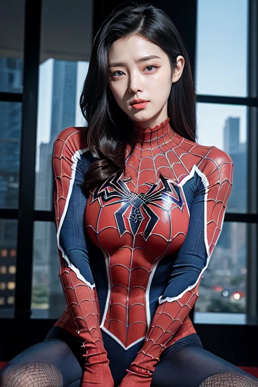 (best quality,ultra-detailed,realistic:1.37), digital illustration, ( woman wearing a spiderman costume), detailed eyes and face, beautiful detailed lips, red lips, sexy body, big breasts,long eyelashes, big breasts:1.5, Close-up photo,  woman wearing a spiderman costume, long hair, ((Take a photo from below the thigh)),vibrant colors, dramatic lighting, comic book style,  woman wearing a spiderman costume, position:sitting, seductive pose, skyscraper background, view dark sky, tall buildings