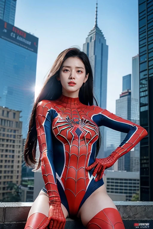 (best quality,ultra-detailed,realistic:1.37), digital illustration, ( woman wearing a spiderman costume), detailed eyes and face, beautiful detailed lips, red lips, sexy body, big breasts,long eyelashes, big breasts:1.5, Close-up photo, woman wearing a spiderman costume, long hair, ((Take a photo from below the thigh)),vibrant colors, dramatic lighting, comic book style, woman wearing a spiderman costume, position:sitting, seductive pose, skyscraper background, view dark sky, tall buildings