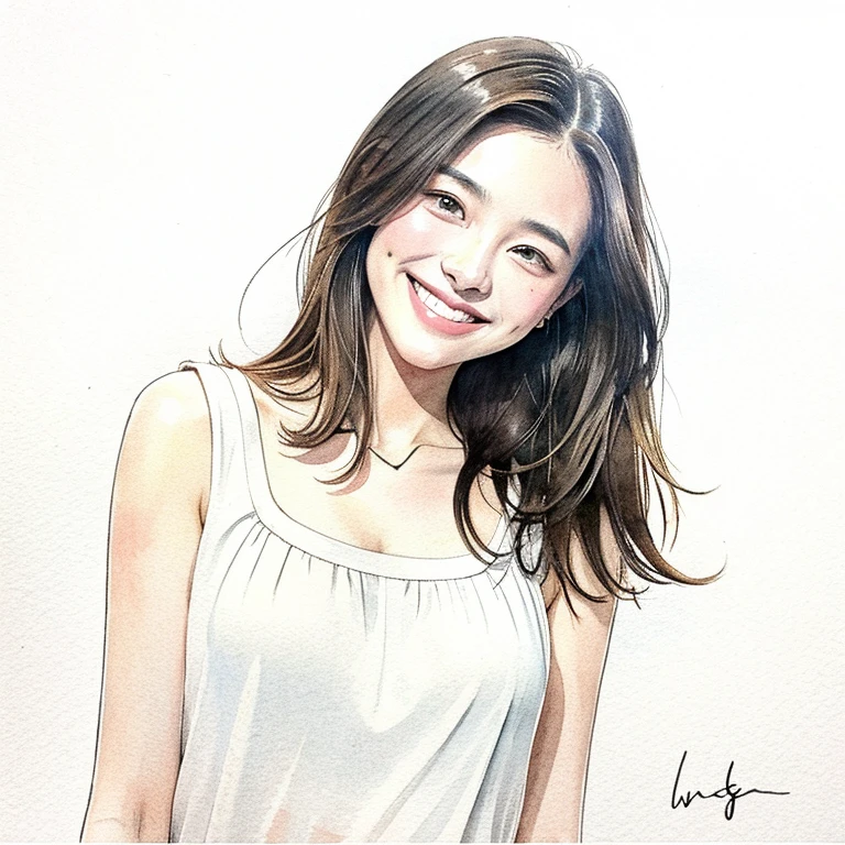 Watercolor style woman、White background、smile、Upper Body、color々A pose
