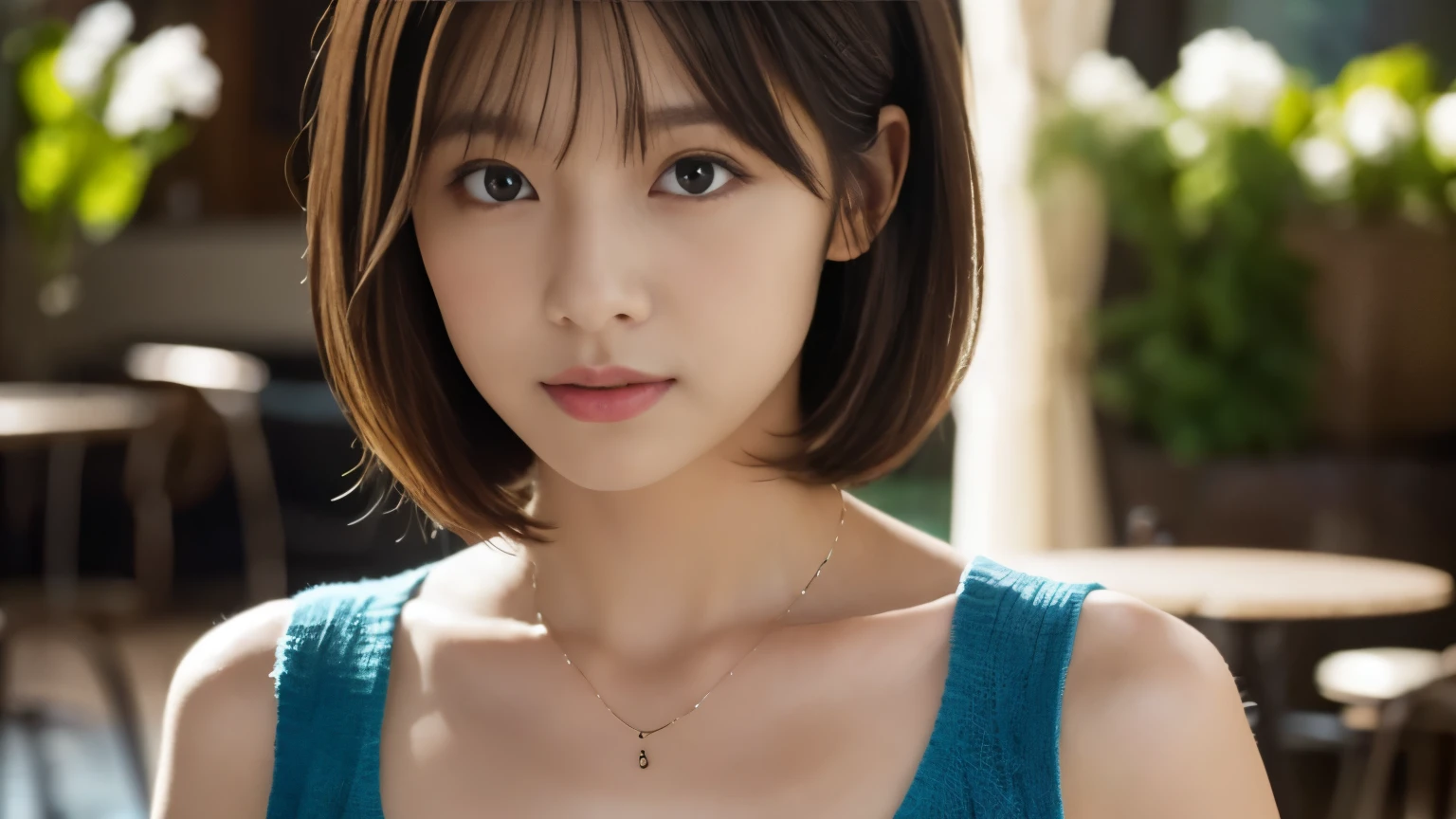 (highest quality、8k、32k、masterpiece:1.2)、cute日本人女性の写真、very short bob hair、Upper body、Face Focus、Extra Large_sweater、necklace、Background of the café、From above、Viewer looking x4、(8k、Raw photo、highest quality、masterpiece:1.2)、(Realistic、Photorealistic:1.37)、One Girl、cute、Professional Lighting、Photon Mapping、Physically Based Rendering、Gradient brunette hair、Short Curly Hair、Handsome、Girlish、Excellent image quality、High resolution、1080p、(Clear Face)、(Detailed face description)、(Detailed hand description)、(Masseter muscle area)、(Exquisite CGI)、 Extreme light and shadow、My hair is messy、masterpiece、Rich details、(Graceful features)、(Best image quality)、(masterpiece)、(Detailed eyes)、I look forward to seeing you、Delicate clavicle、Various poses、Don'don't watch mela、profile、Photographed inside the cafe、Spring Clothes、simple necklace、Light Blue Knit