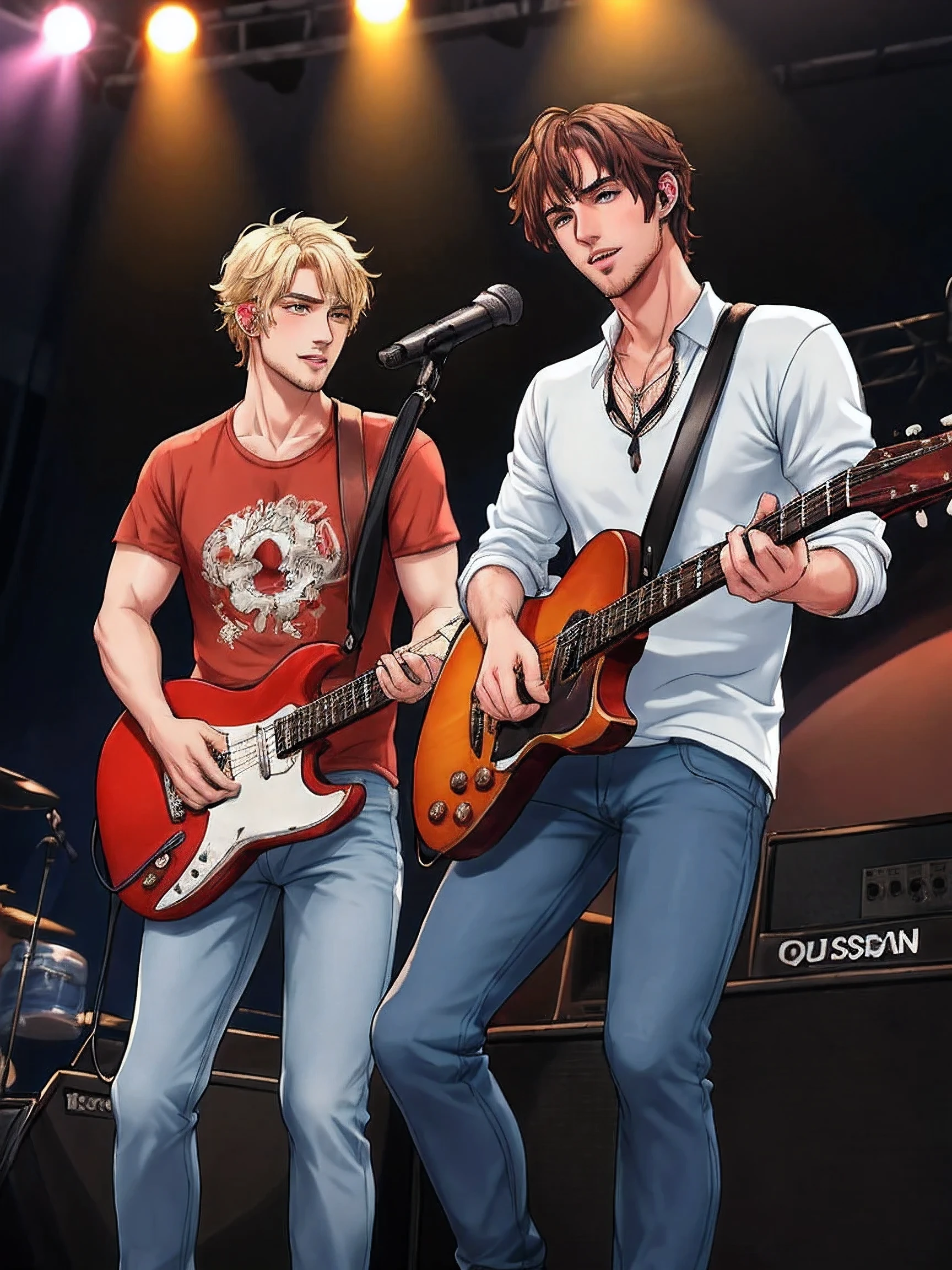 handsome men ,casual clothes .rock concert 
