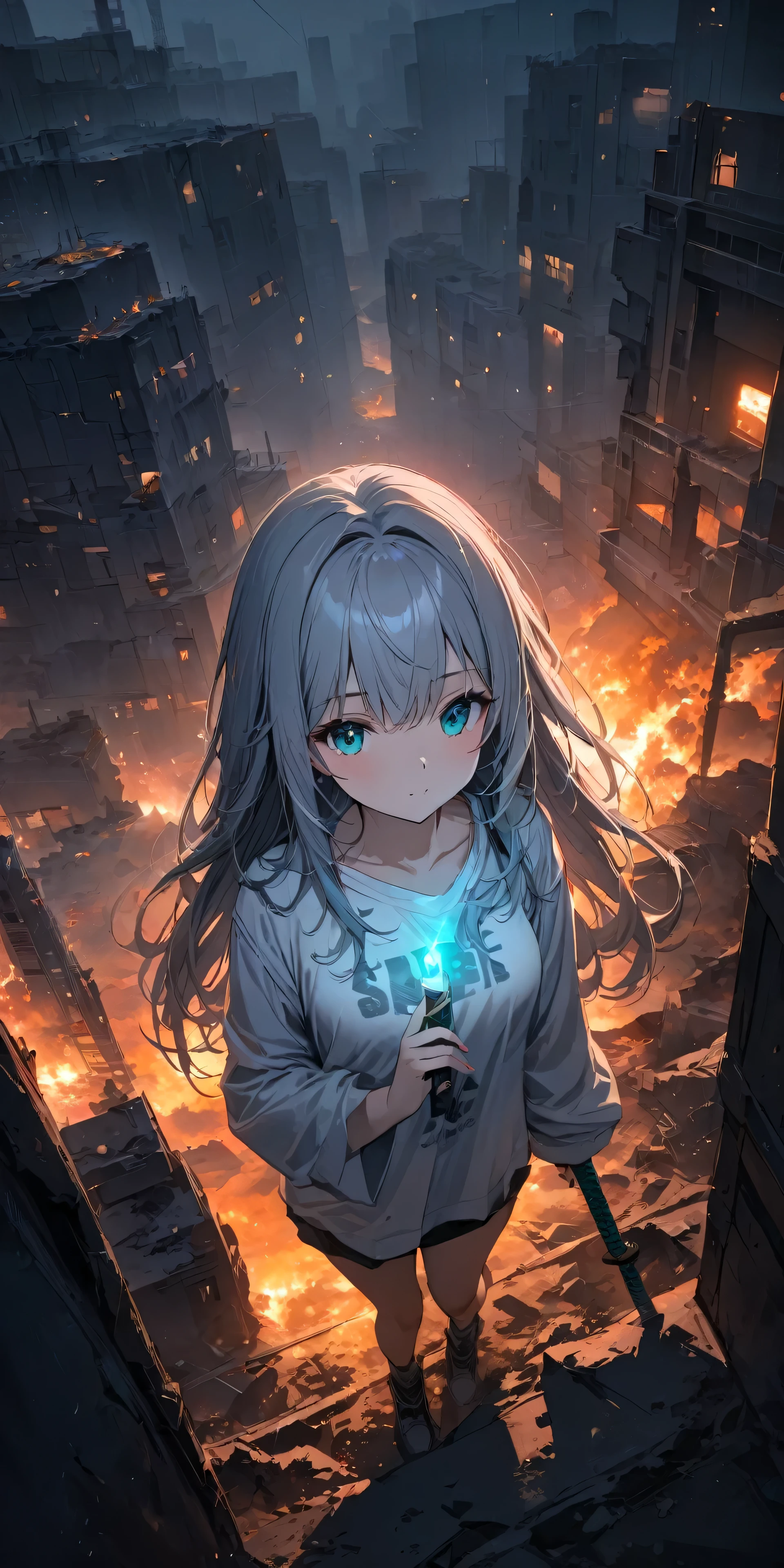 Resolution full, best quality, masterpiece, full HD, beautifull girl, foggy theme, super detailed, 1girl, cute girl, long hair, silver hair, detailed beautiful Aqua eyes, white T - shirt oversized, from above, in wasteland, night time. in burning city and destroyed city. holding glowing katana, shadows surroundings girl, has a lighting power